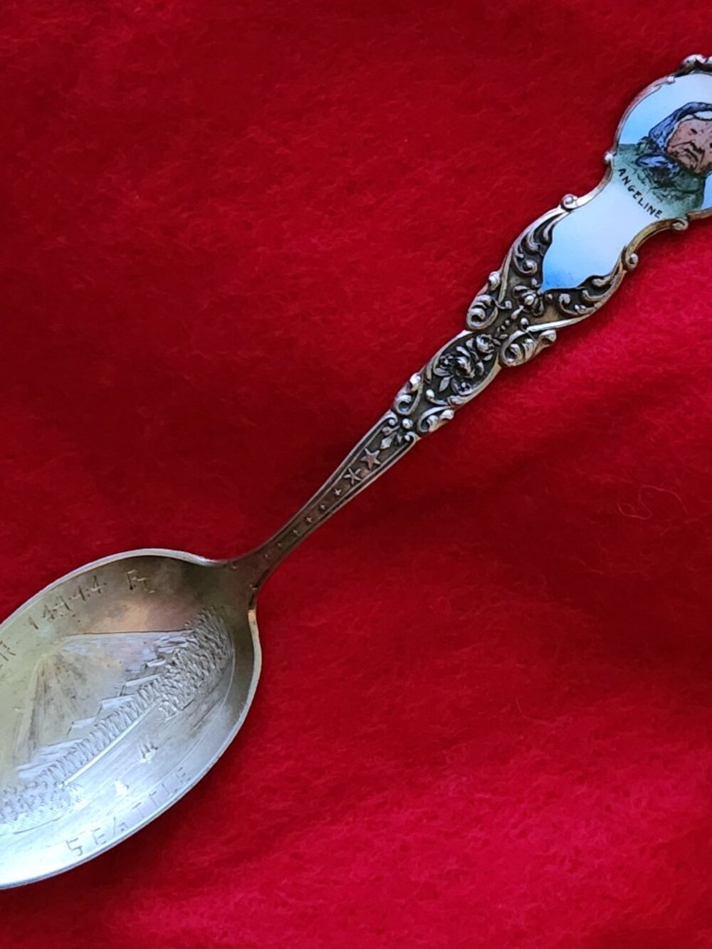 Princess Angeline Seattle Sterling Spoon Mt Rainier Enamel Portrait Joseph Mayer